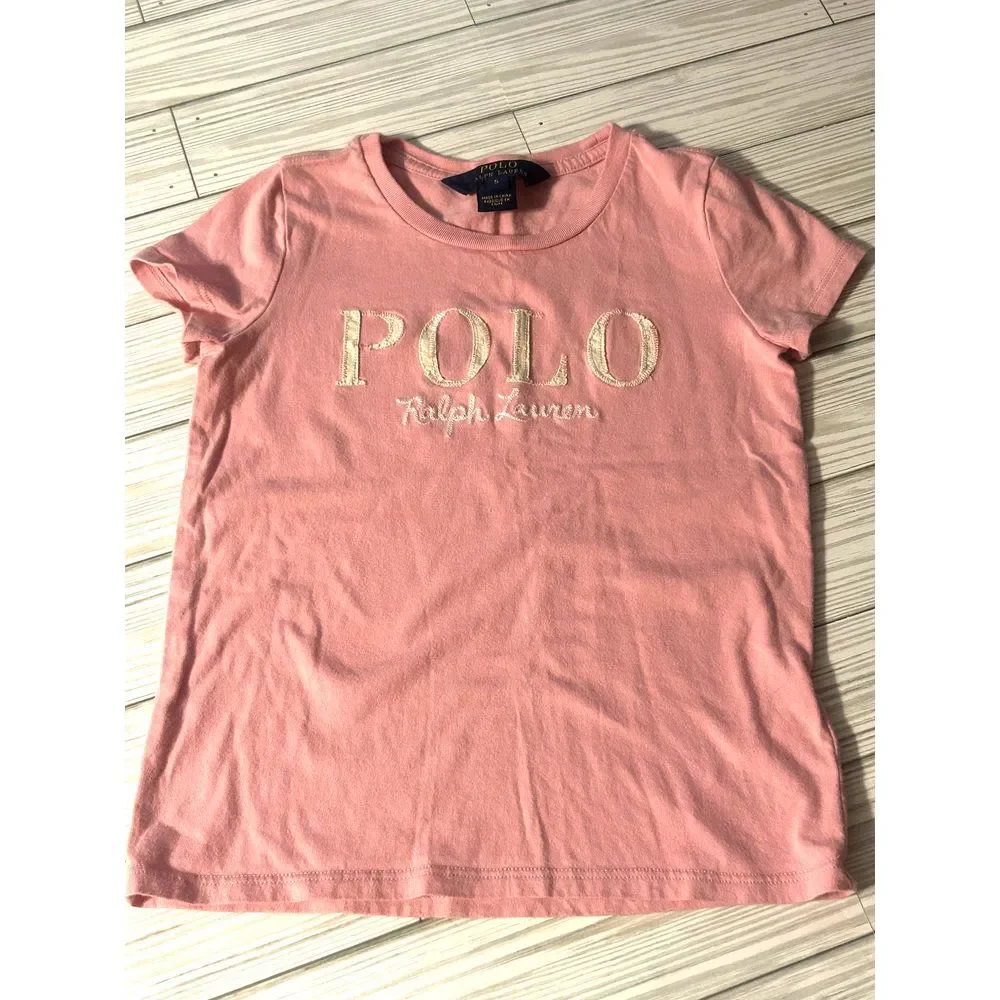 Polo Ralph Lauren Girls Short Sleeve‎ Hint Of Pink Polo Logo Cotton T-Shirt Sz 5